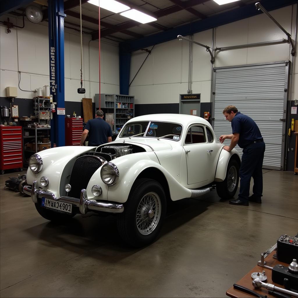 Classic car undergoing restoration in a Lake Worth, FL shop