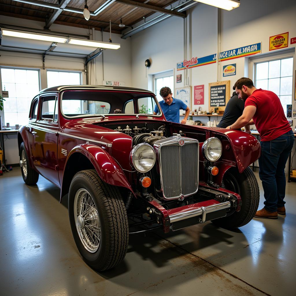 Classic Car Restoration in South Florida: A vintage car being meticulously restored in a professional workshop.