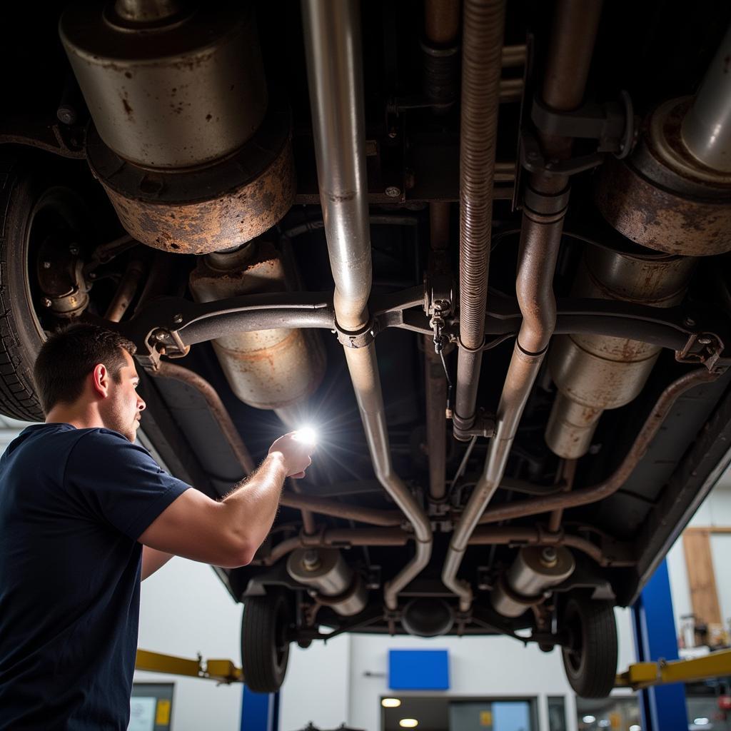 Classic Car Undercarriage Inspection: A mechanic inspects the undercarriage of a vintage car, looking for rust, damage, and structural integrity.