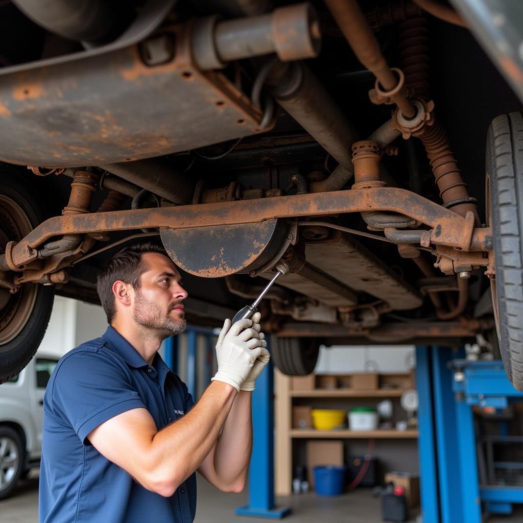 Mechanic Inspecting Classic Car Undercarriage