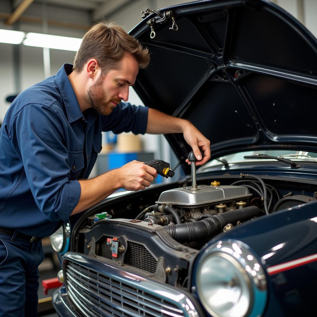 Classic Mini Engine Being Serviced by a Mechanic