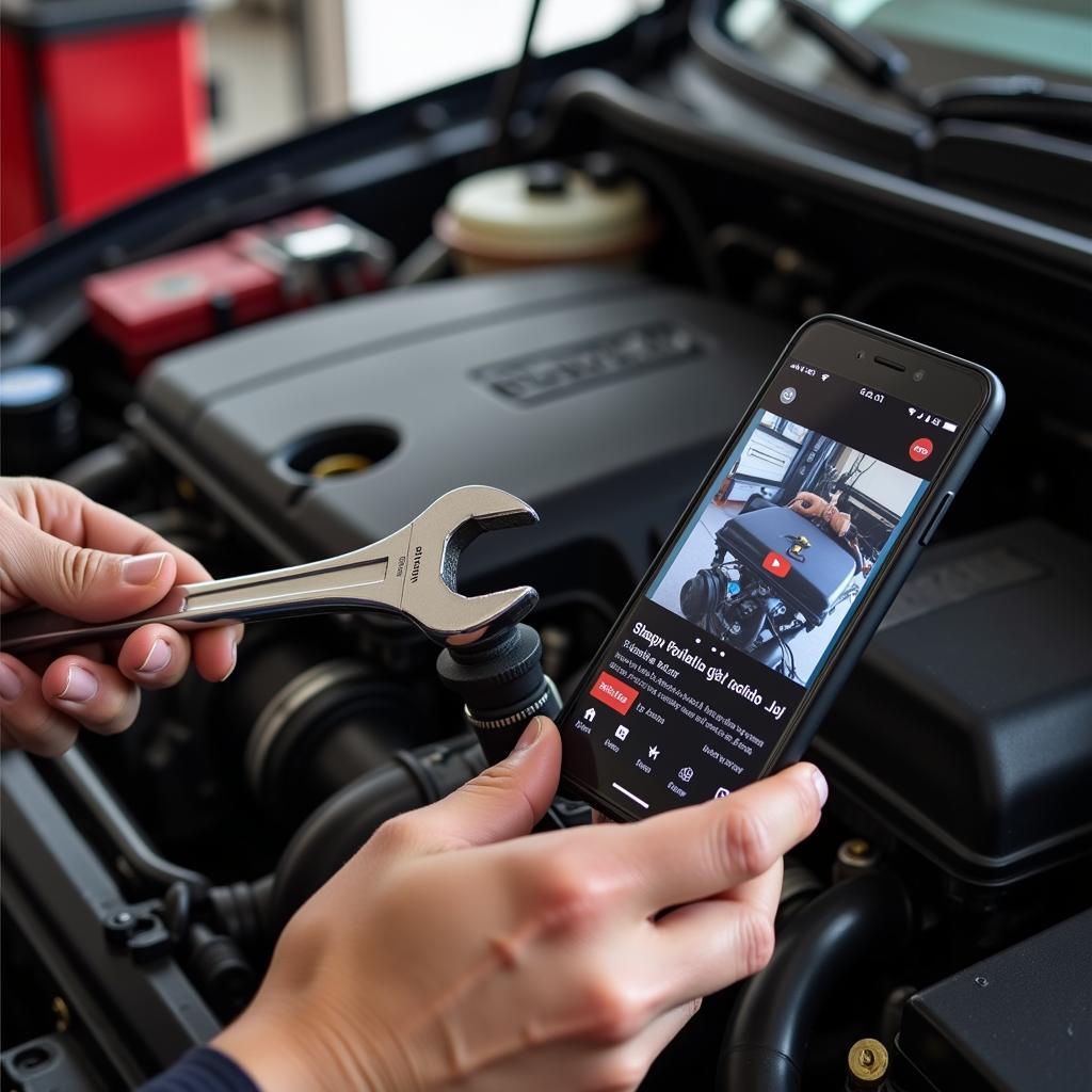 Close up of hands performing car repair following YouTube tutorial