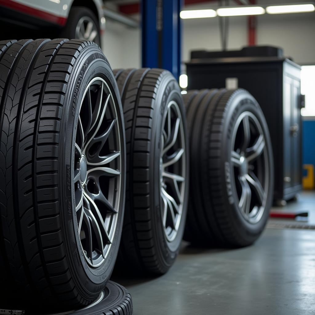 Close-up of New Tires at Auto Service