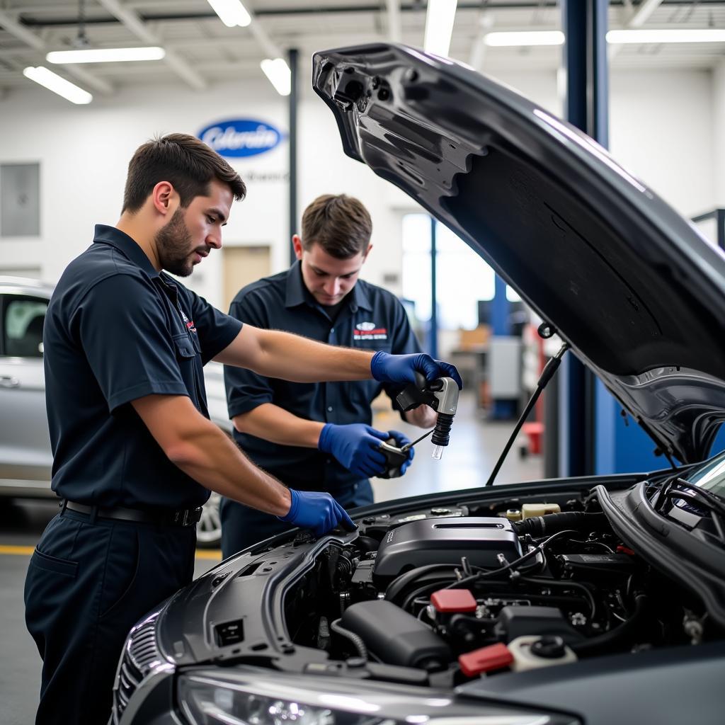 Certified technicians at Colerain Auto Sales & Service Ltd. working diligently on a vehicle in a modern service bay.