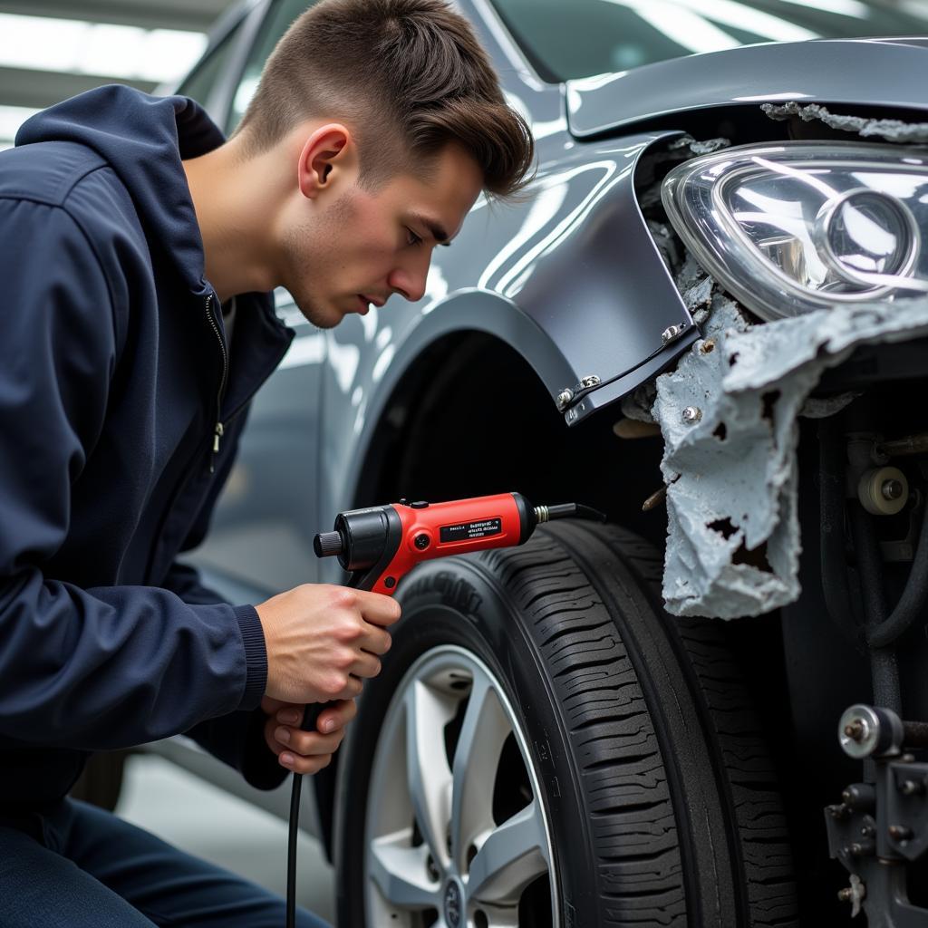 Technician Repairing Car Body Damage