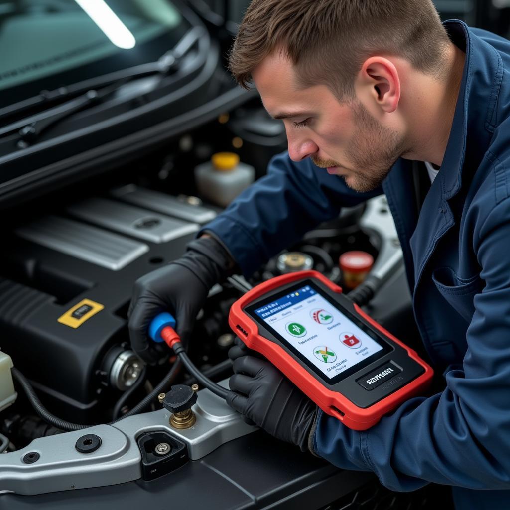 Common Auto Repairs in Chariton Iowa: A close-up of a mechanic's hands performing a diagnostic check on a car engine.