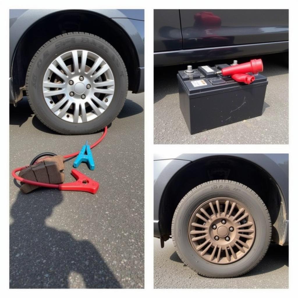 Image Depicting Common Car Problems Like Flat Tire, Dead Battery, and Worn Brakes