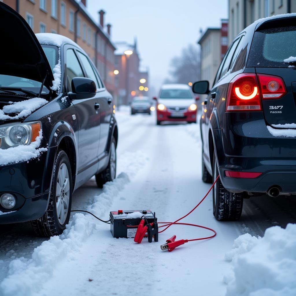 Car battery jump start in Olsztyn during winter