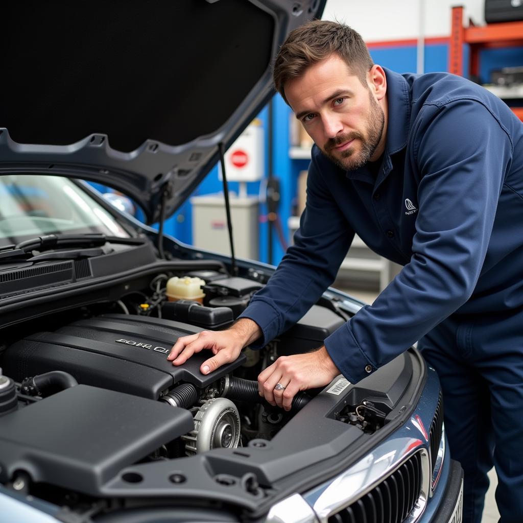 Mechanic Addressing a Common Issue in a European Car Engine