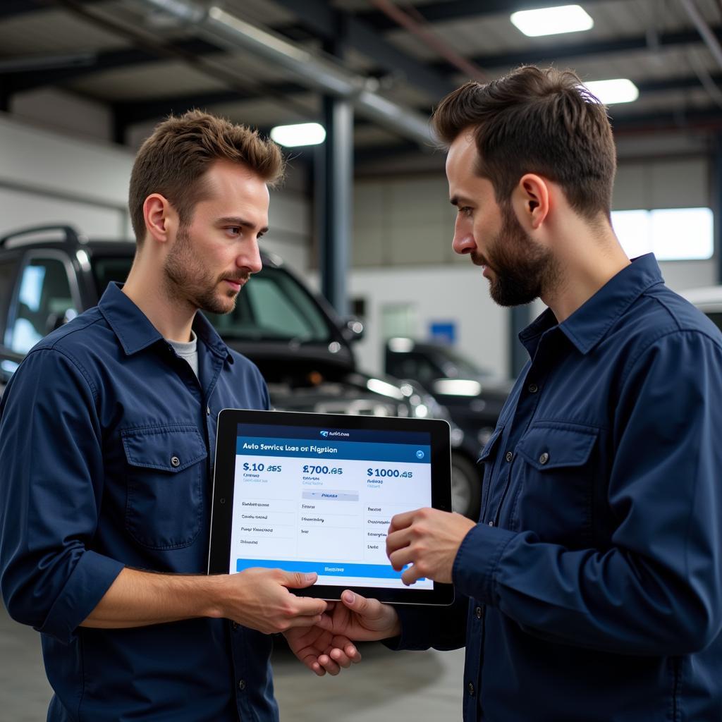 Mechanic explaining different loan options to a customer