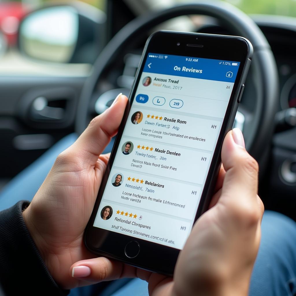 A person uses their smartphone to compare reviews for different auto and wrecker services.