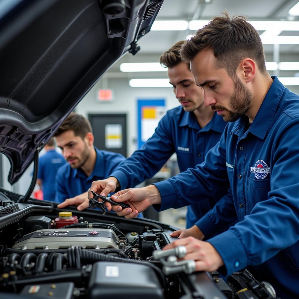 ASE-Certified Technicians Working on a Car Engine