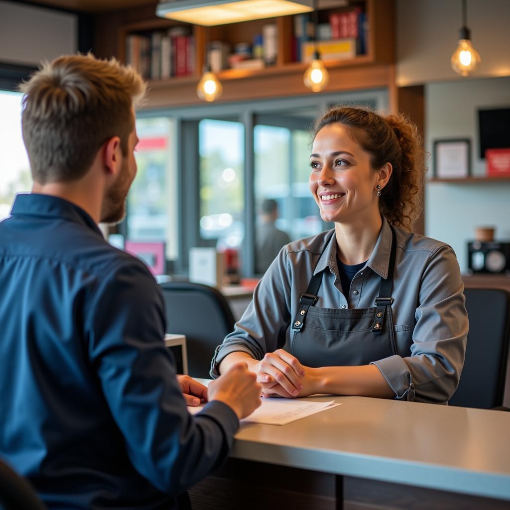 Friendly customer service representative assisting a client at the front desk of an auto repair shop in Corpus Christi.