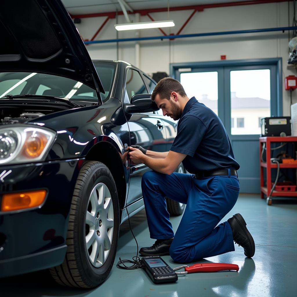 Cross-Border Vehicle Maintenance: Mechanics working on a vehicle in a modern repair shop, emphasizing the importance of standardized procedures for international services.