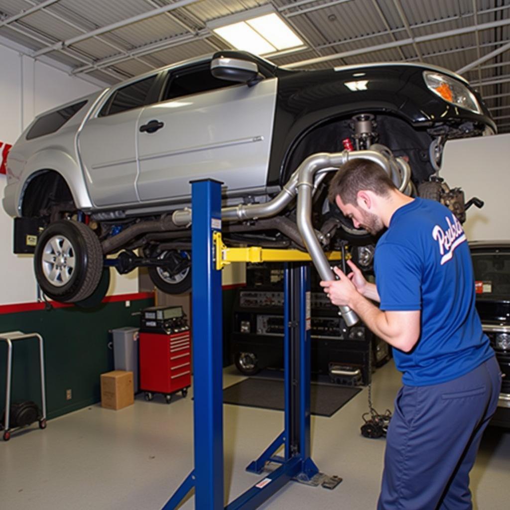 Technician installing a custom exhaust system on a car lift.