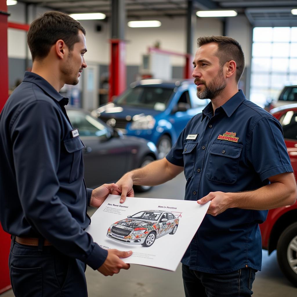 Customer and Mechanic Discussing Car Repairs at Matt's Auto Service