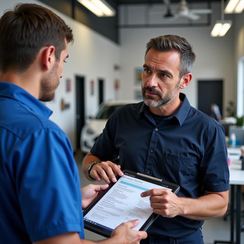 Customer Discussing Car Diagnosis with Mechanic