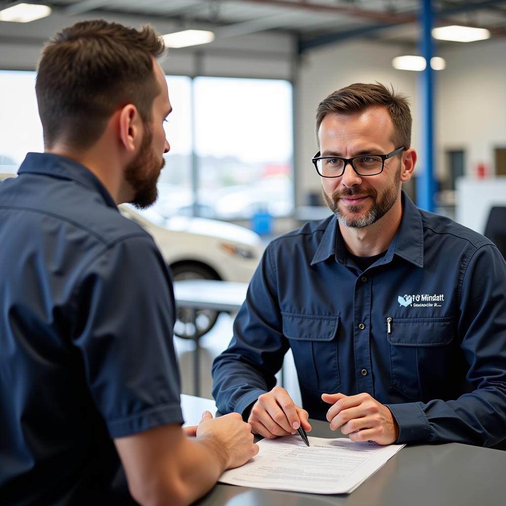 Customer Discussing Car Repair with Service Advisor