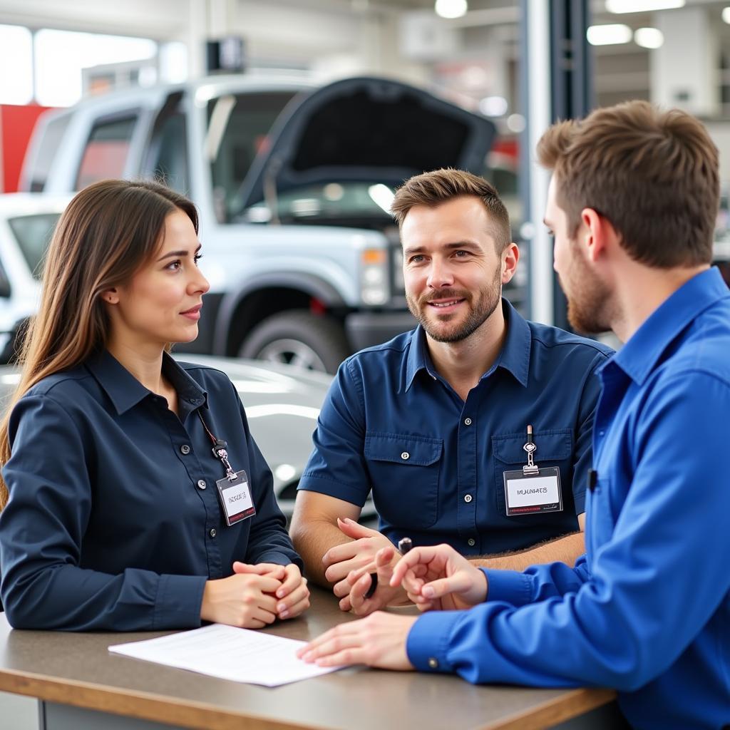 Customer Discussing Car Repair Options with a Service Advisor