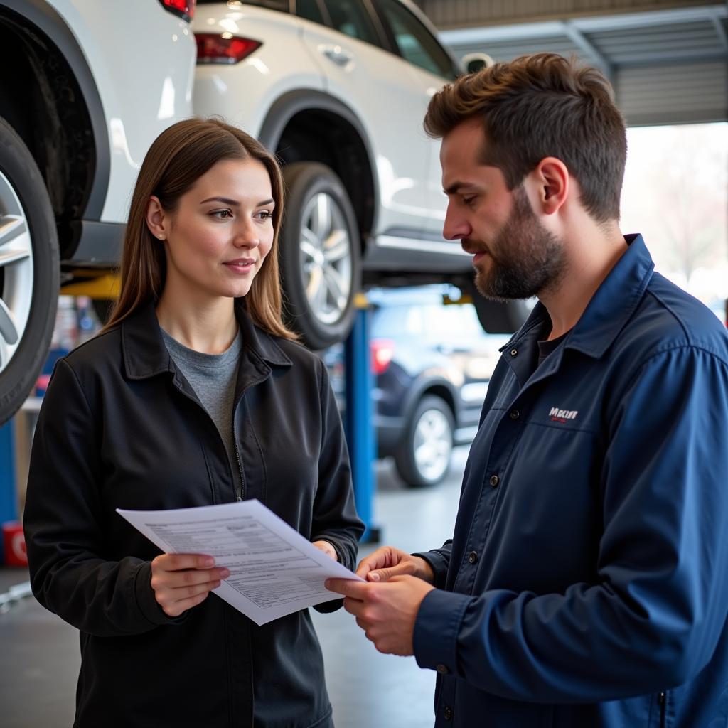 Customer discussing car repair options with a mechanic at an auto service center in West Sacramento