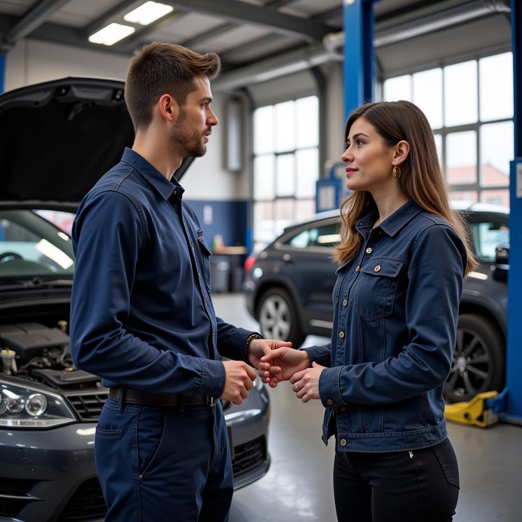 Customer Discussing Car Repair with Mechanic