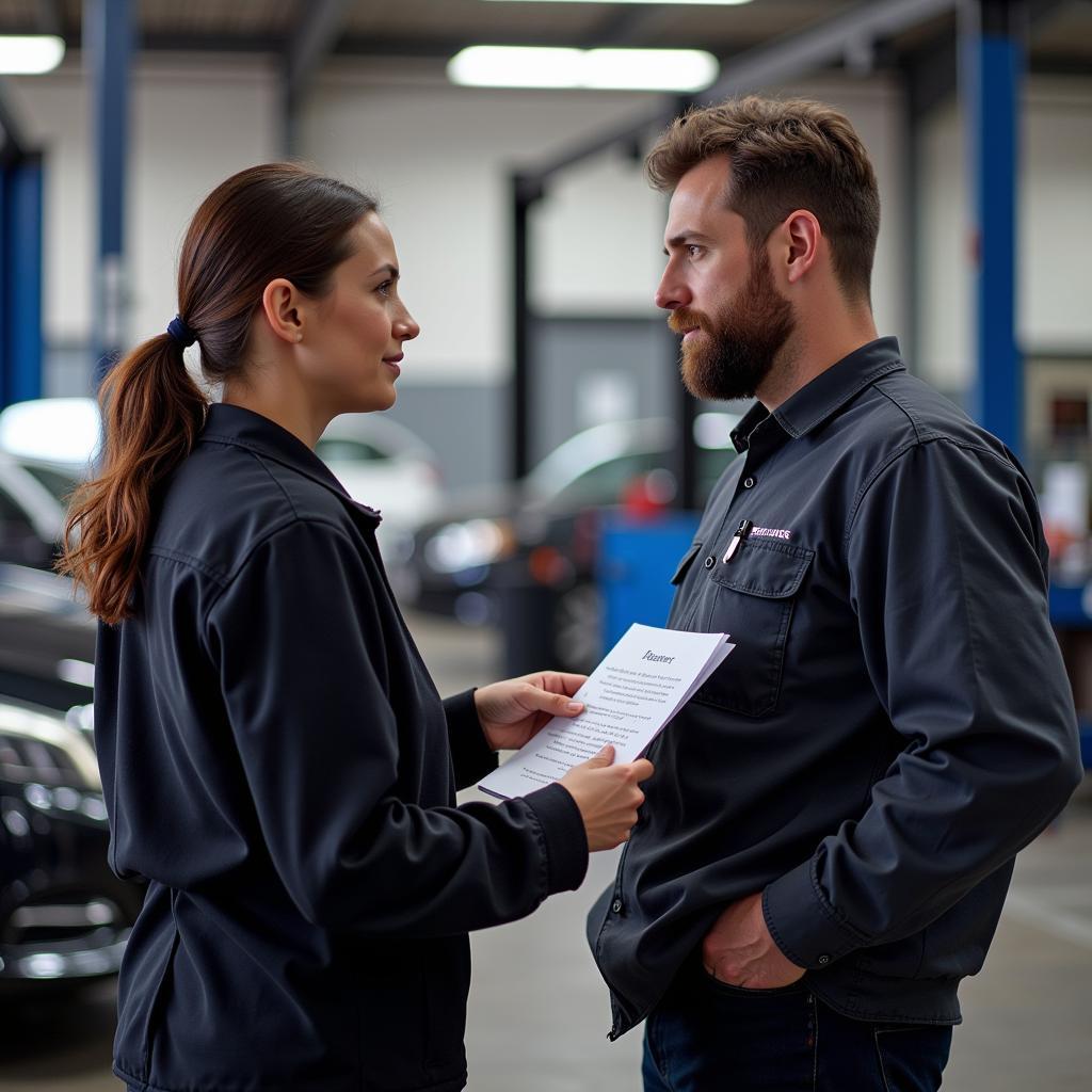 Customer Discussing Car Repair Options with a Mechanic at a Service Center