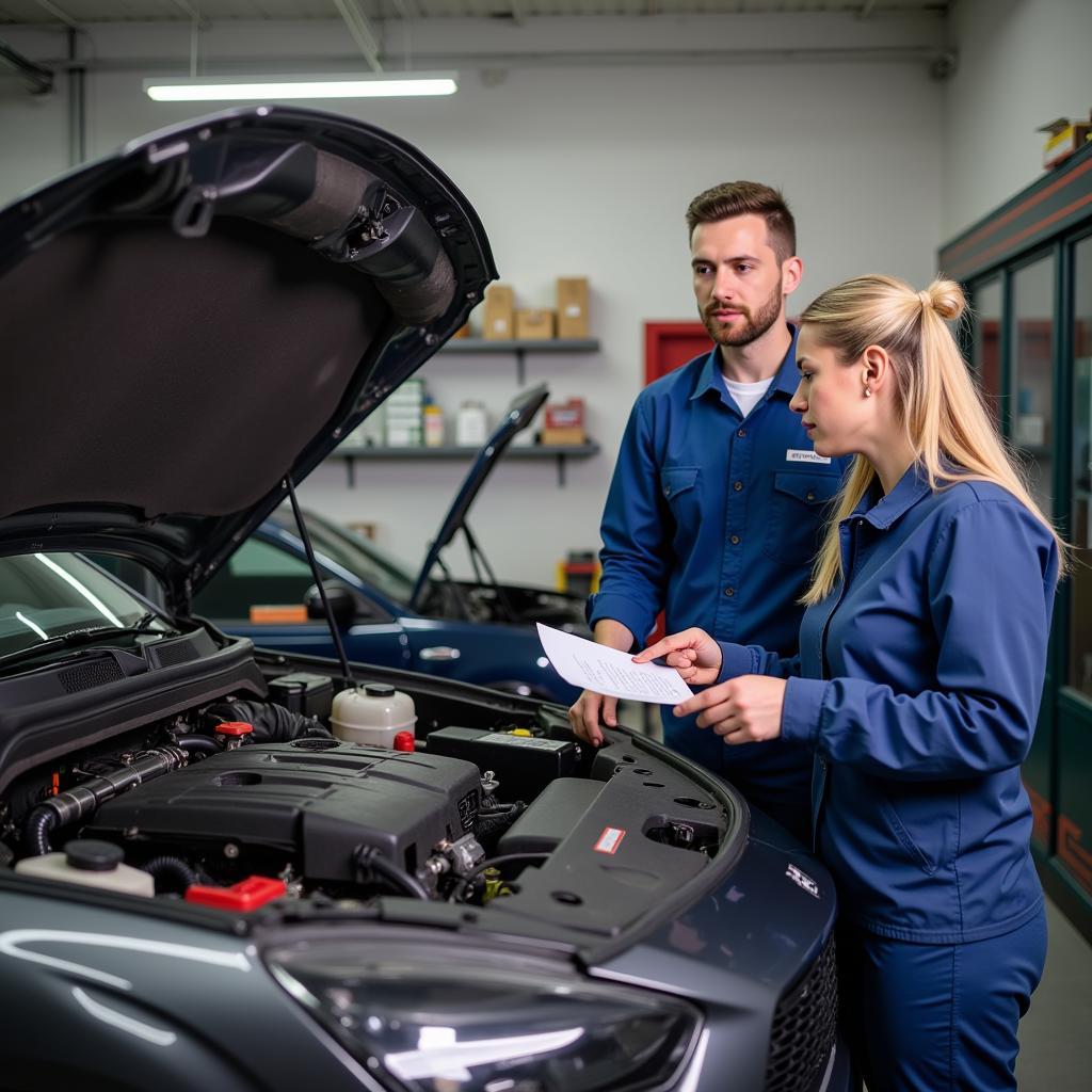 Customer talking with a mechanic about car repair options