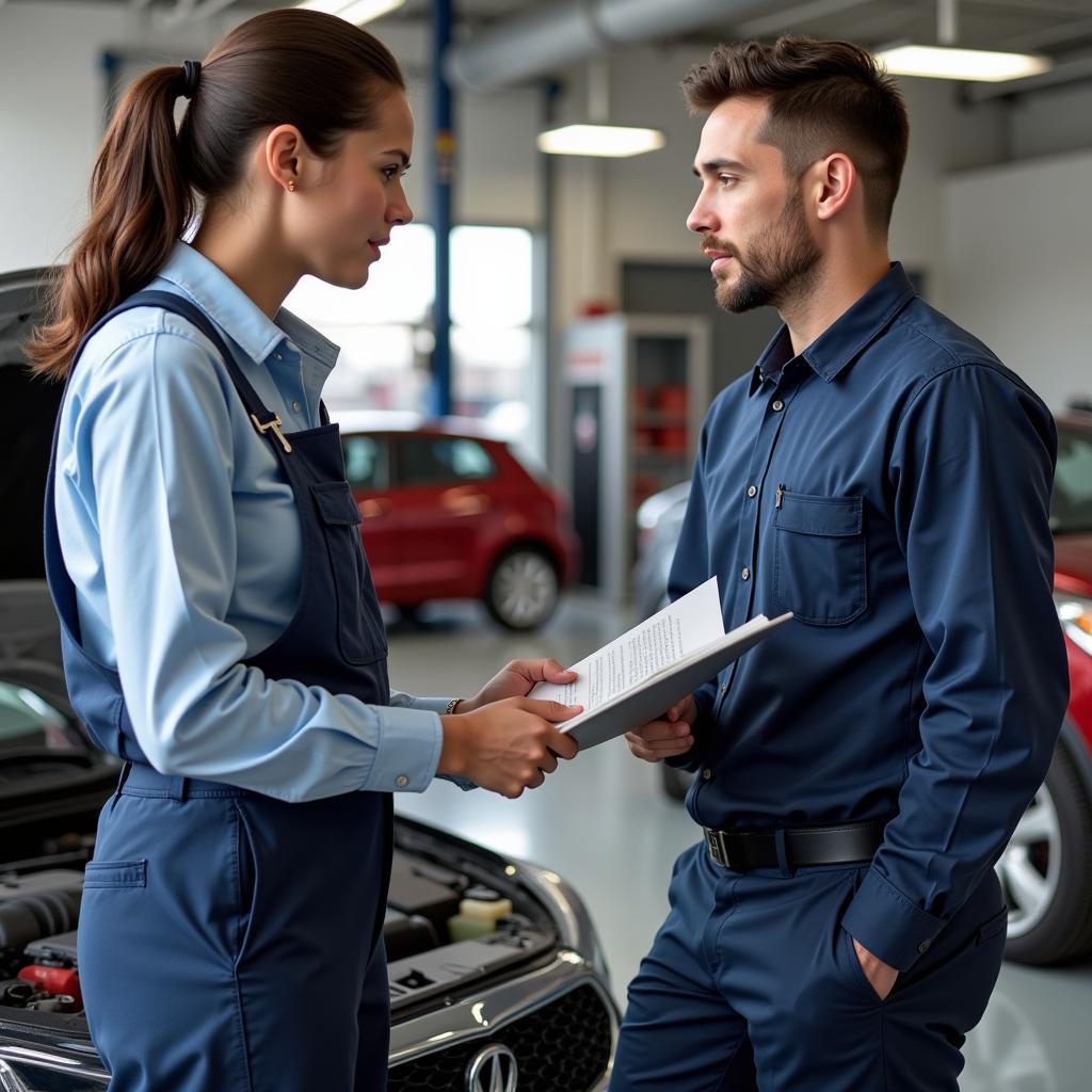 Customer Discussing Car Repair with a Mechanic