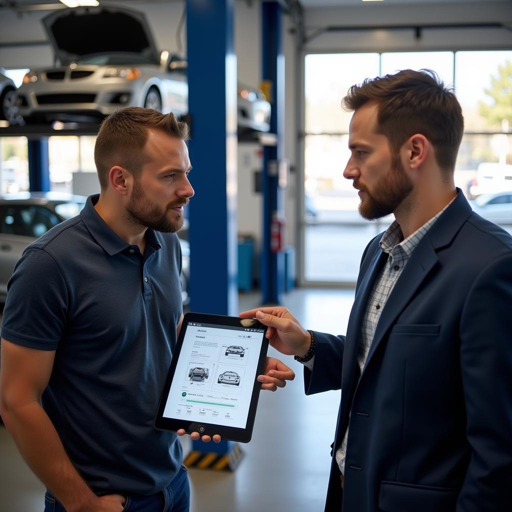 Customer talking to a mechanic about car repair in Grosse Pointe