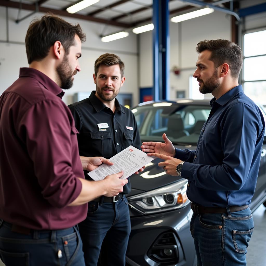 Customer Discussing Car Repair with Mechanic in Brechin