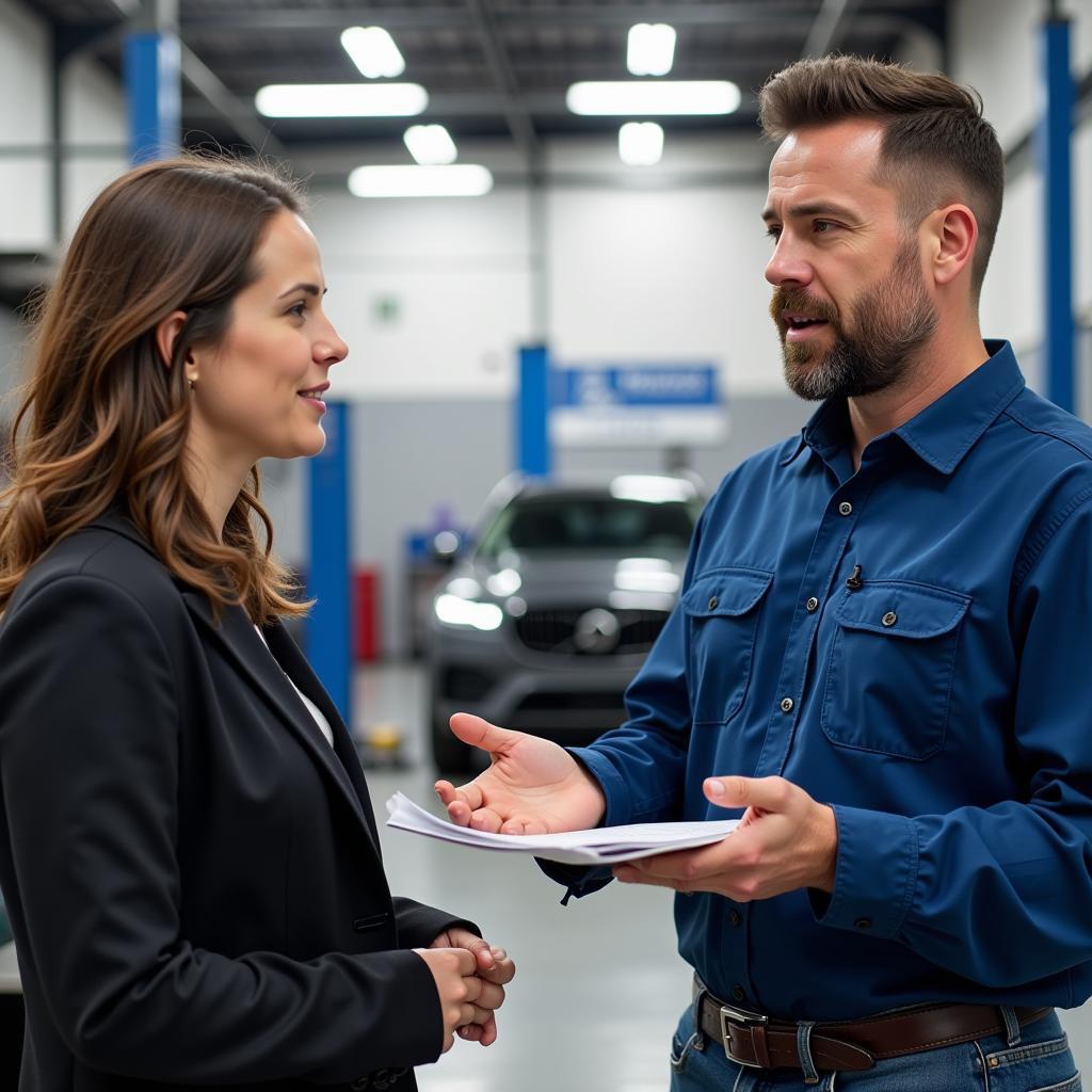 Customer Discussing Car Repair with Service Advisor