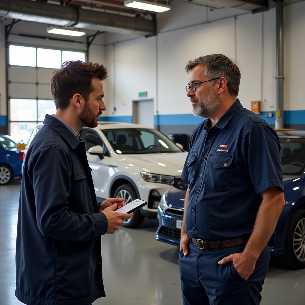 Customer Discussing Car Repairs with Mechanic