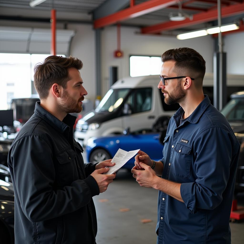 Customer Discussing Car Repairs with a Qualified Mechanic at an Auto Service Center