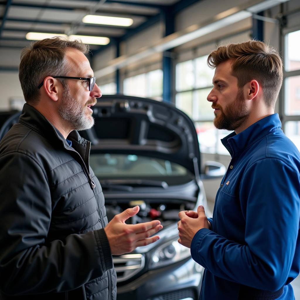 Customer Discussing Car Repairs with a Mechanic in Haaksbergen