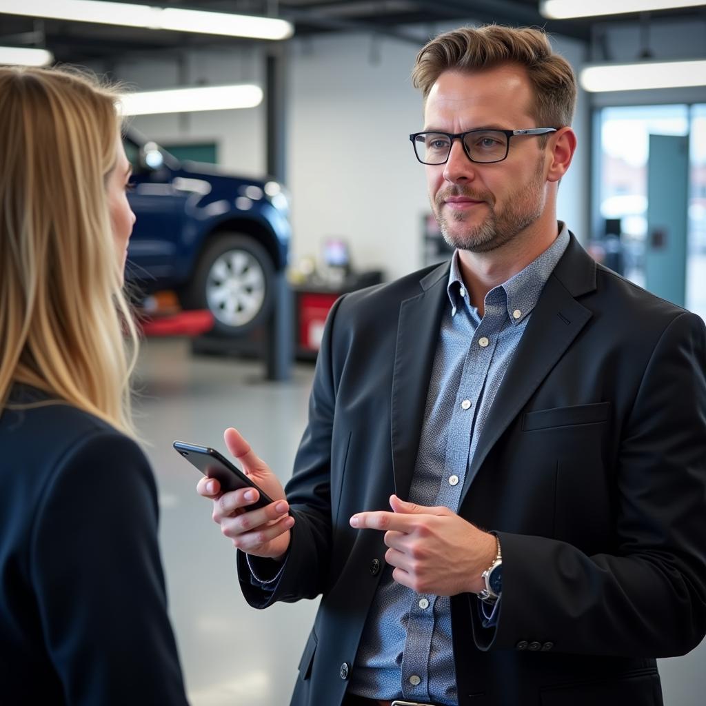 Customer discussing car service with a service advisor