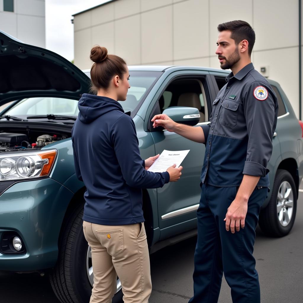 Customer and Mechanic Discussing Car Repair