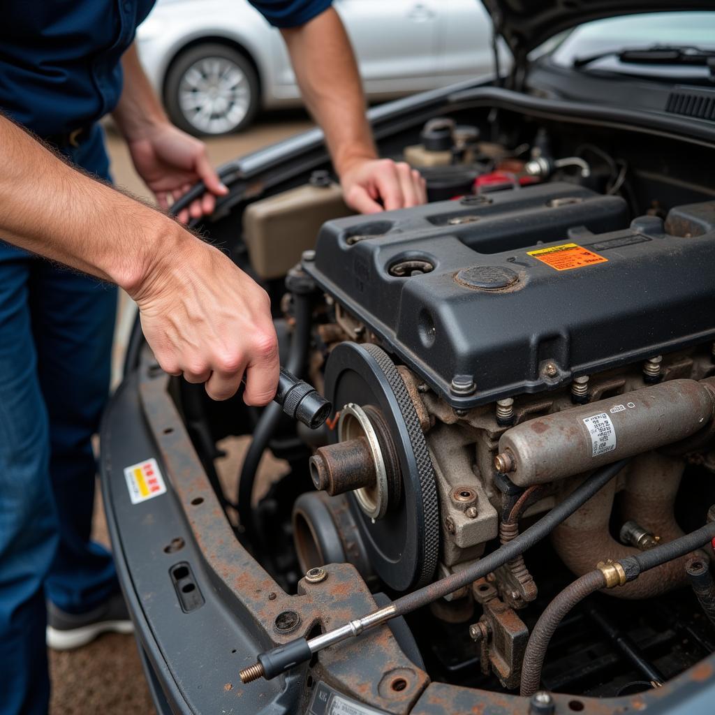 Customer Removing Engine Part in Self-Service Yard