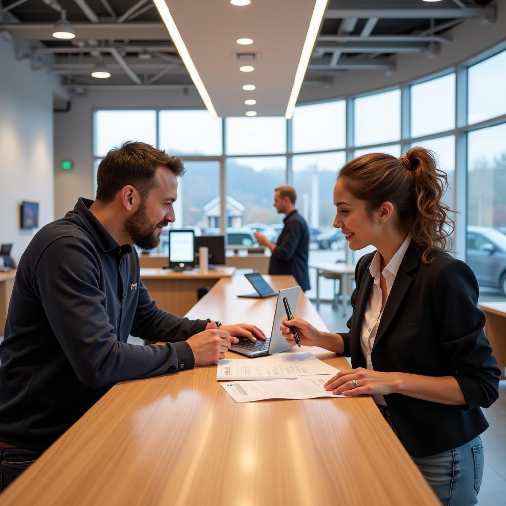 Customer Reviewing Invoice at Apple Auto Service Center