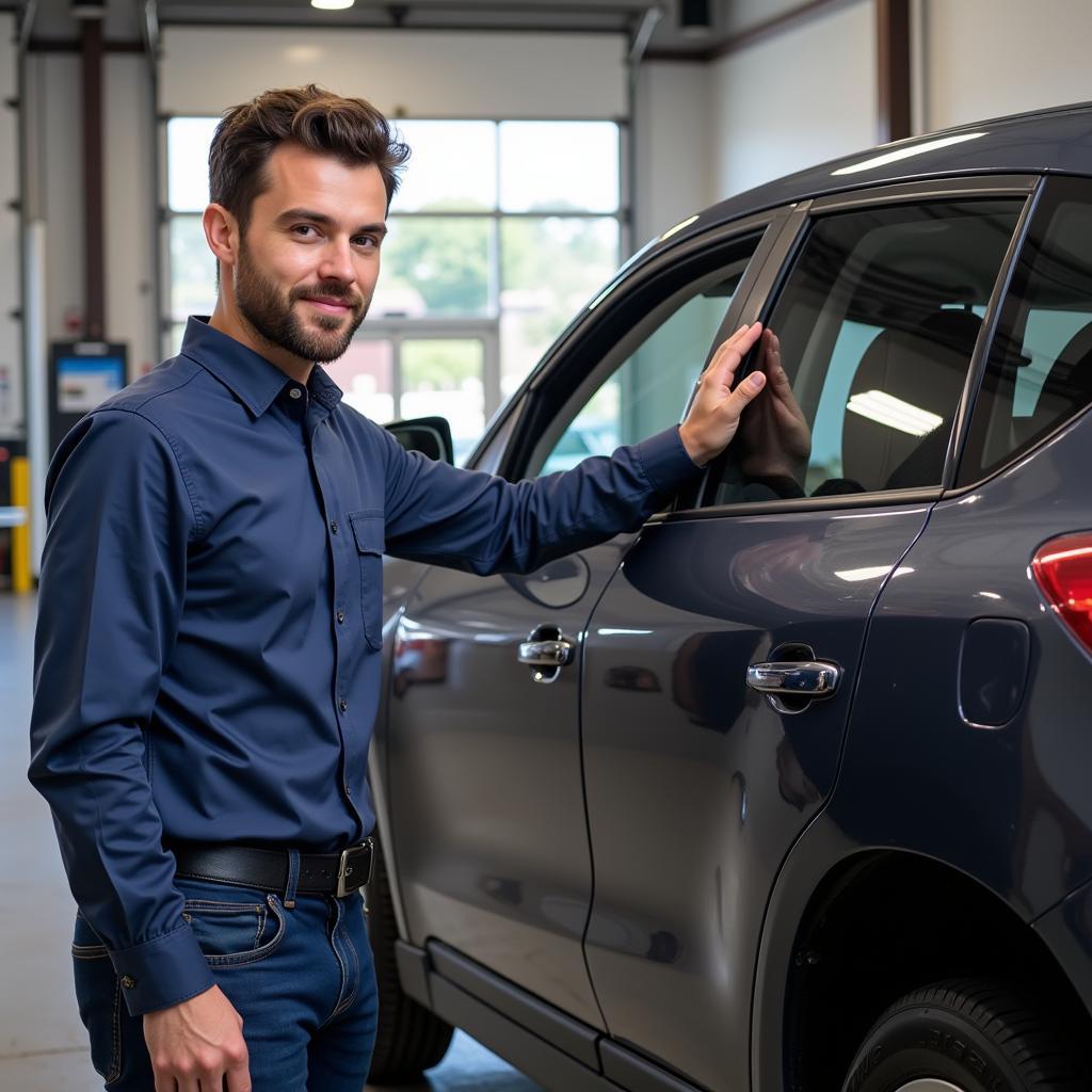 Customer reviewing the completed auto body repair work in Englewood, CO.