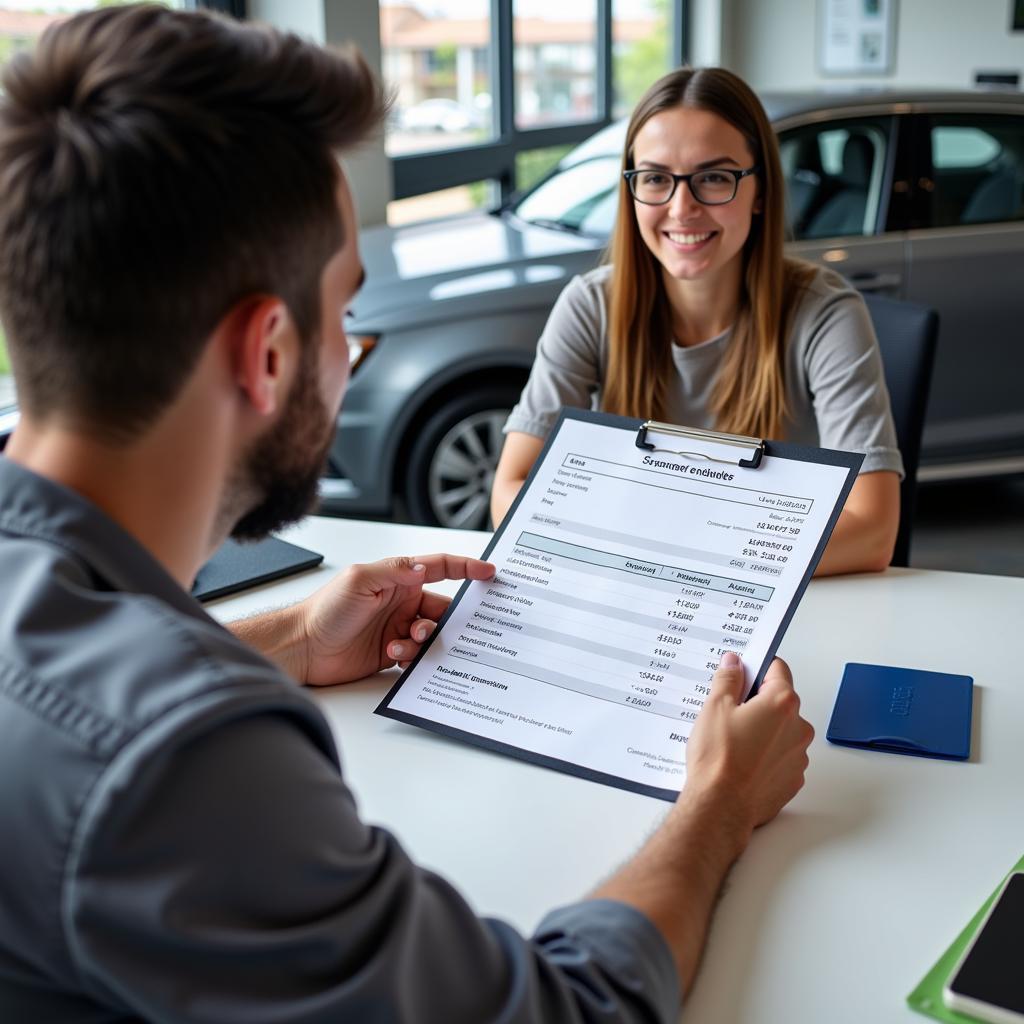 Customer reviewing auto repair estimate with service advisor