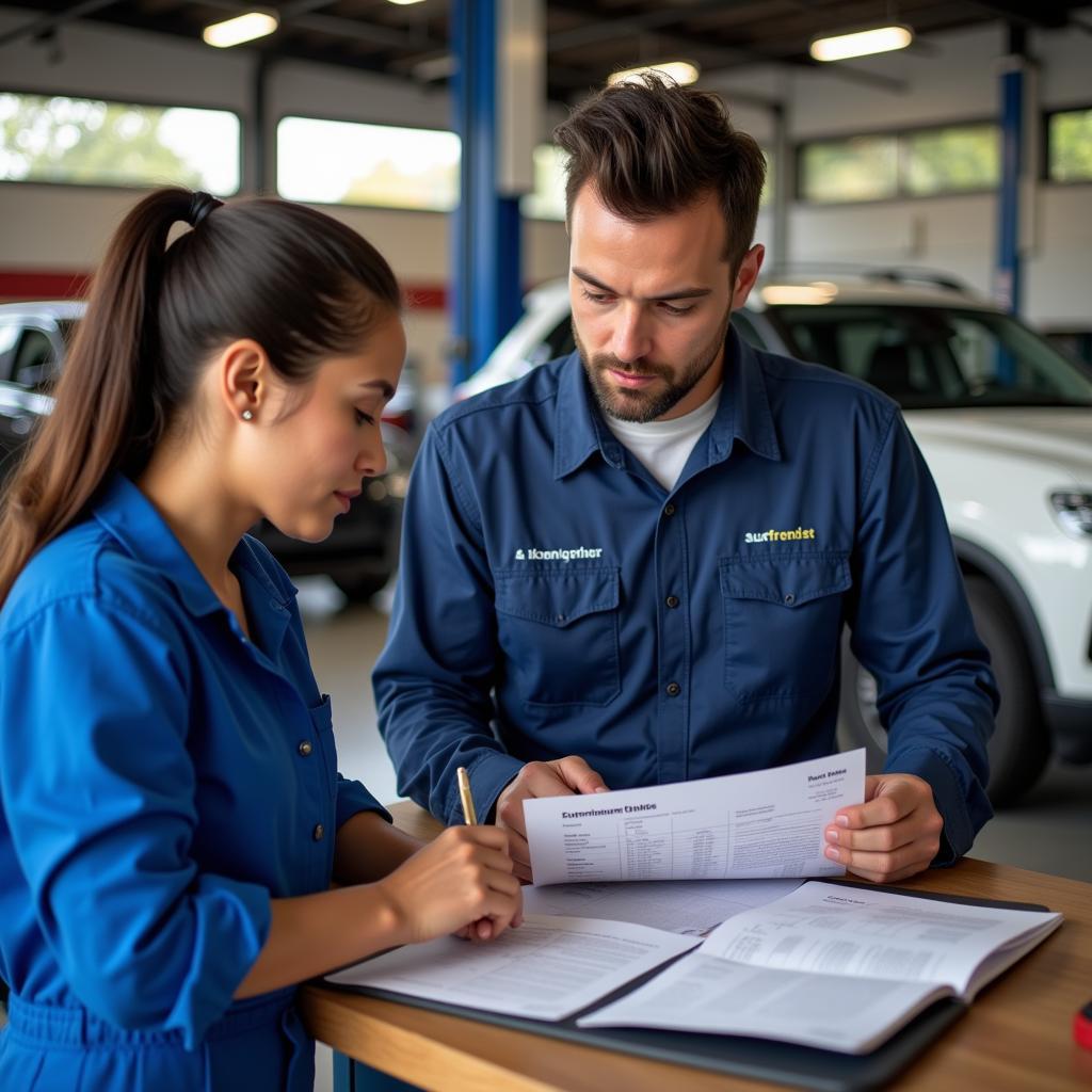 Customer Reviewing Auto Repair Invoice with Mechanic