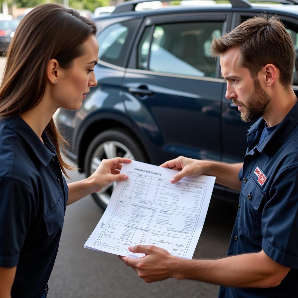 Customer Reviewing Repair Estimate with Technician