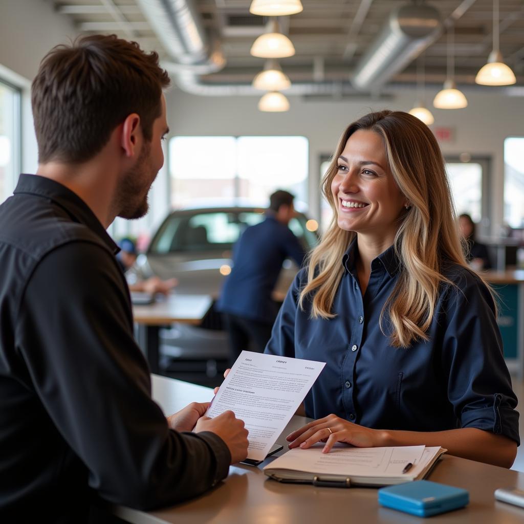 Friendly customer service representative assisting a client at A Plus Auto Service Centre in St. John's