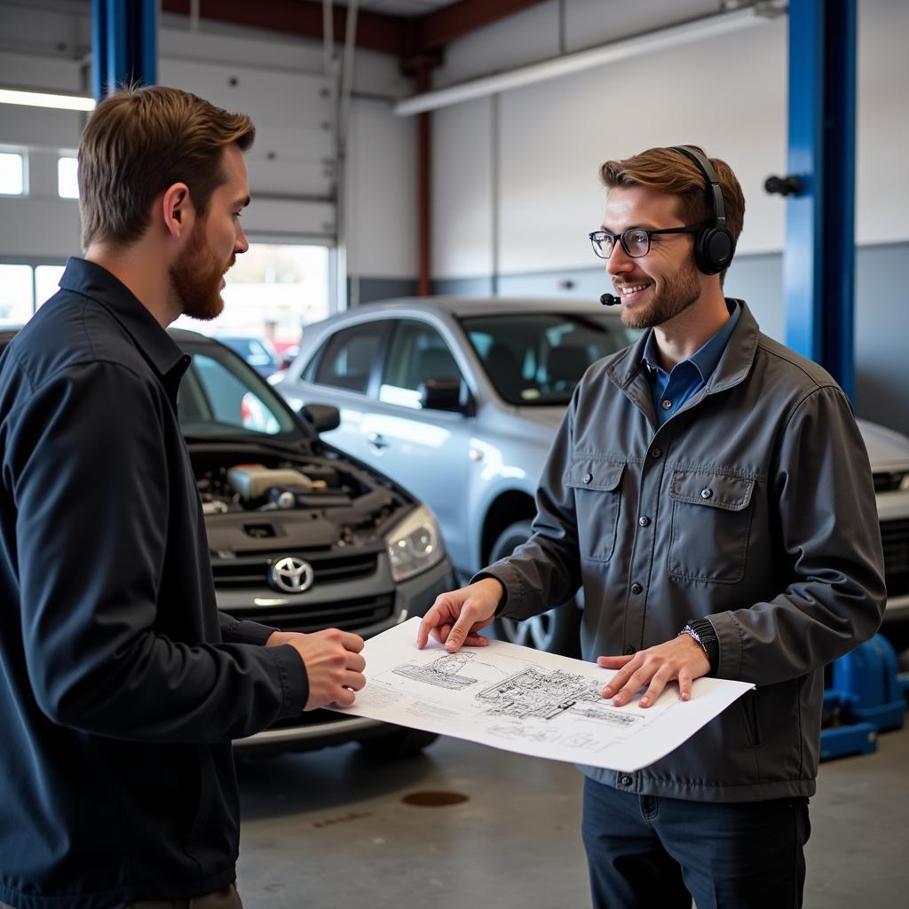 Customer Service Representative Explaining Car Repair to Client