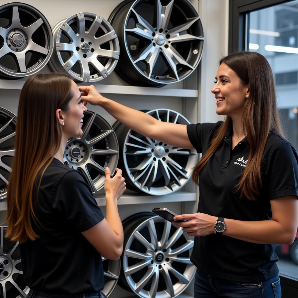 Customer service representative helping a customer choose auto rims