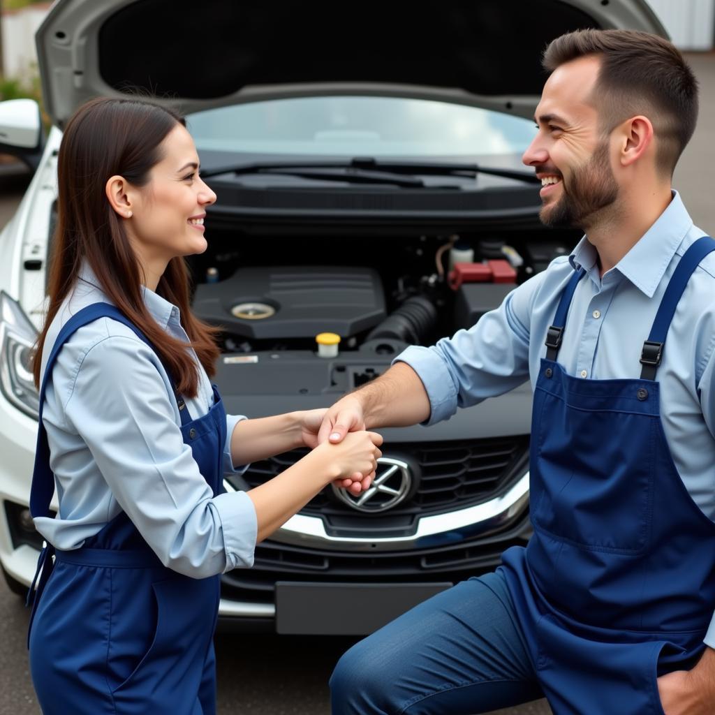 Customer shaking hands with mechanic after car repair.