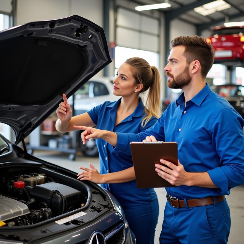 Customer discussing car repairs with a mechanic