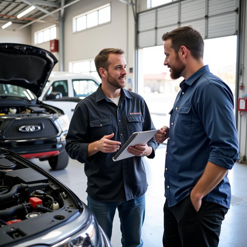 Customer Discussing Car Repairs with an Auto Mechanic in Grand Junction