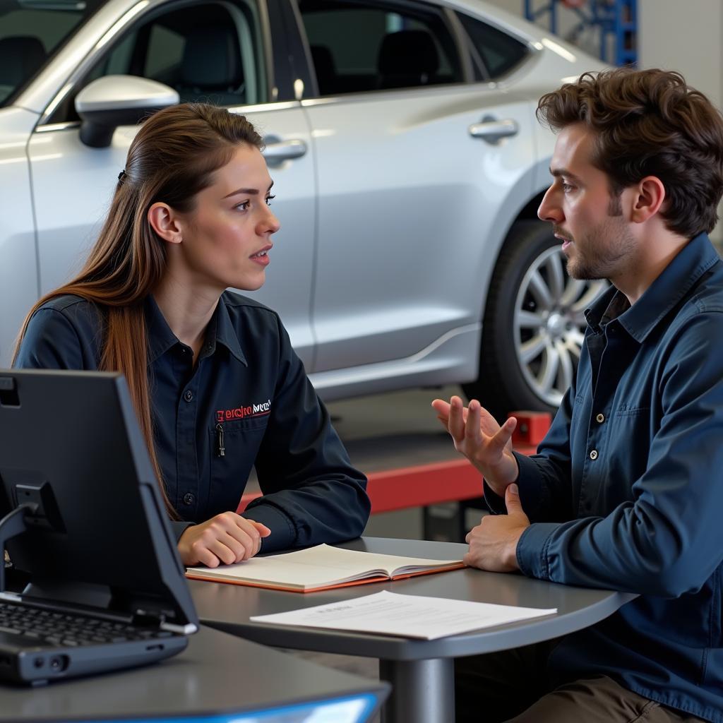 Customer talking to auto service advisor