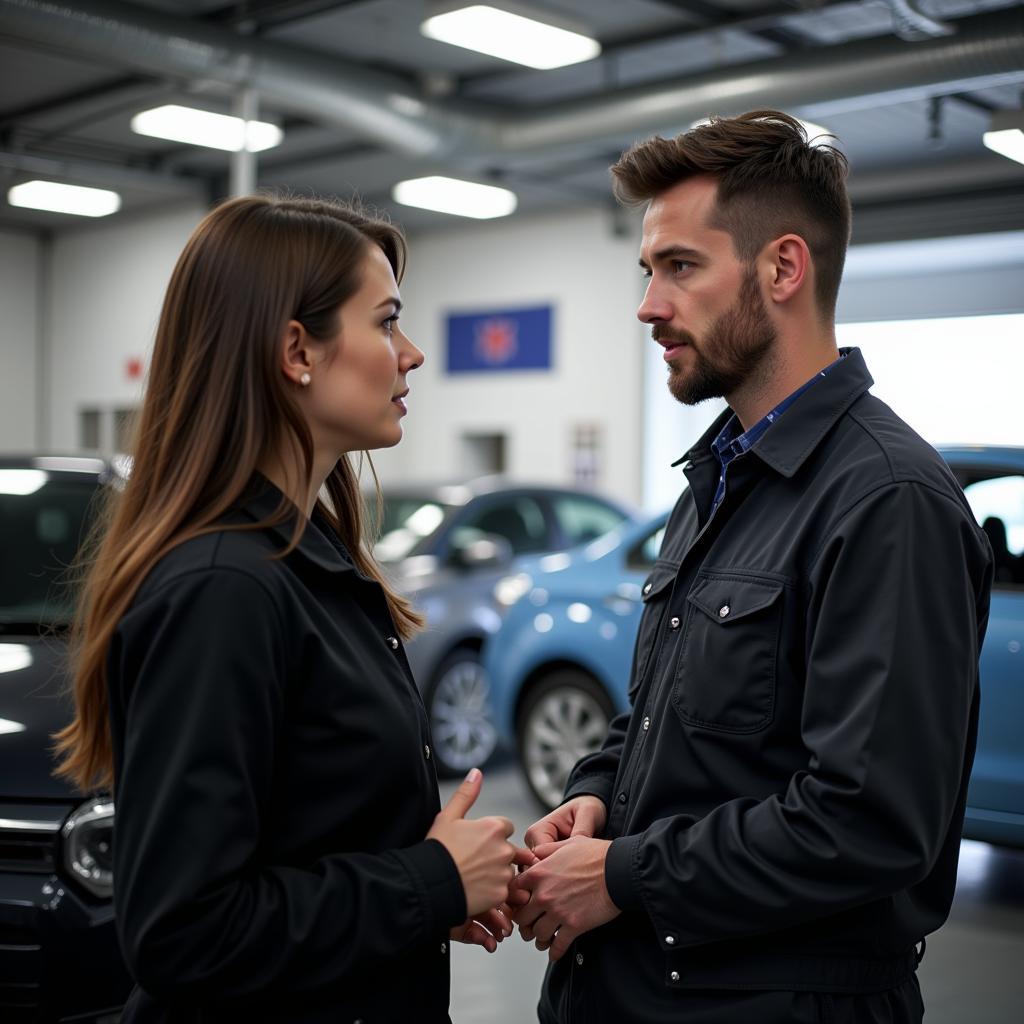 Customer Discussing Car Issues with a Mechanic in a 5-Star Auto Service Centre